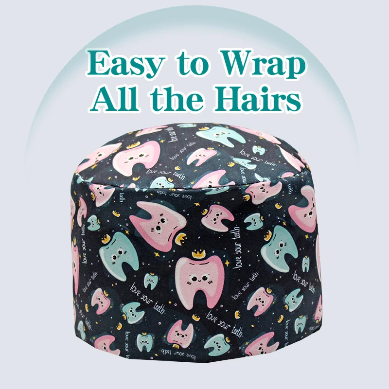 Tooth Printing Scrubs Hat Women Breathable Dentist Scrub Cap Beauty Salon Dustproof Work Hat Lab Clinic Protection Caps K981