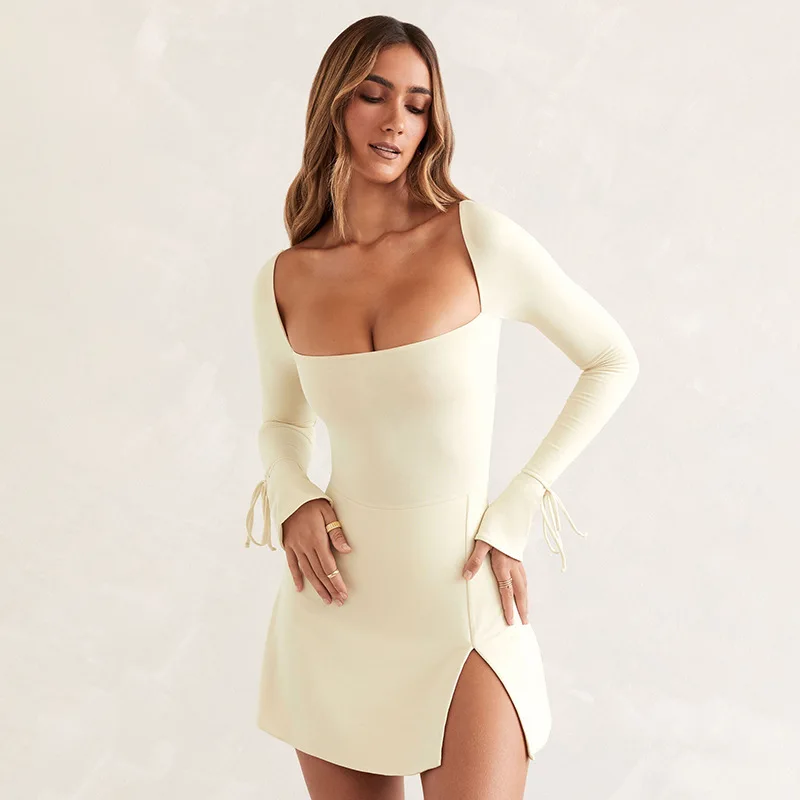 

Baddie Body Women's Ins Autumn And Winter New Drawstring Long-sleeved Solid Color Square Neck Slim High Waist Slit Dress