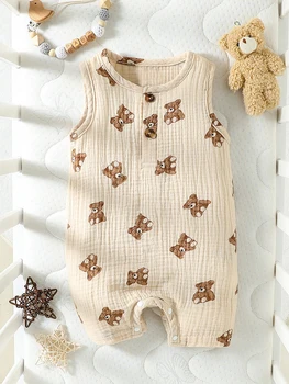2024 New Cotton Soft Baby boys summer Sleeveless cute cartoon animals printed Daily  Jumpsuit 1