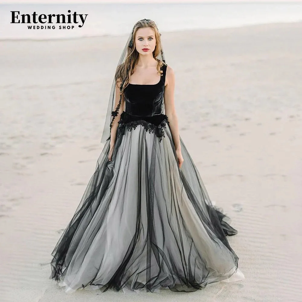 

Captivating Square Neck Lace Appliques Wedding Dress Black A-Line Sweep Train Bridal Gowns Open Back Plus Size Vestidos De Novia