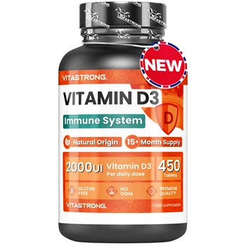 Vitamina D3 2000 UI 50mcg Alto Dosaggio, 1 al Giorno, 450 Compresse D3 Vitamina Colecalciferolo (15+ Mesi), Sistema Immunitario, Ossa, Denti, Muscoli, Integratore Vit D Qualità Premium Vitastrong