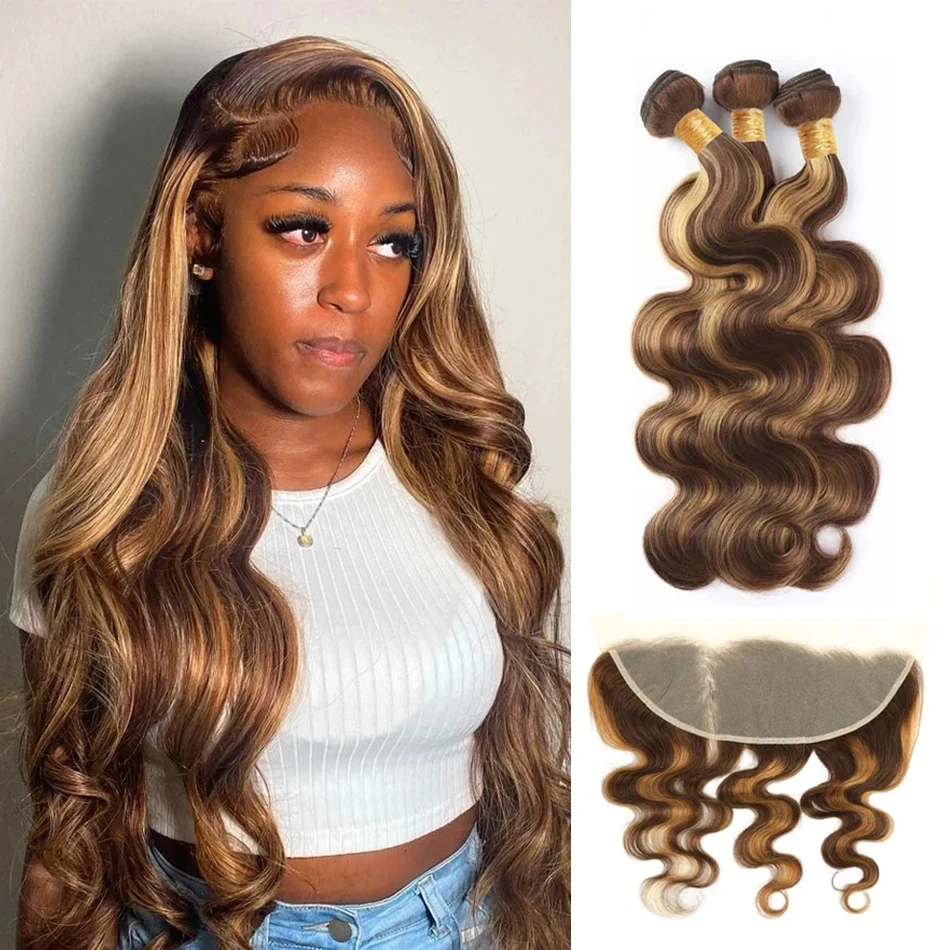 Christmas P4/27 Highlight Body Wave Human Hair Bundles Brown Blonde Brazilian Remy Hair Weaving and Extensions For Black Women