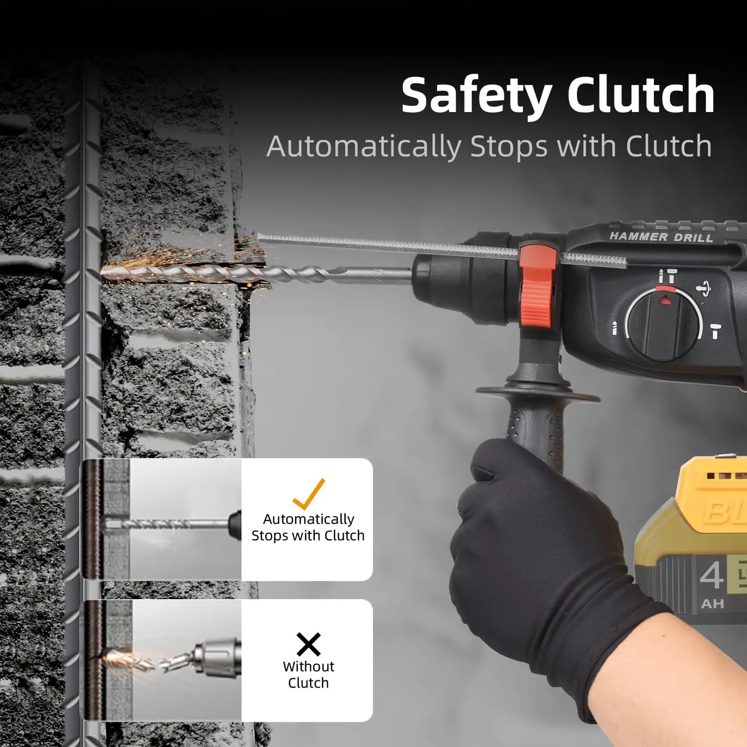 26MM Electric Hammer Drill Brushless Multifunctional Rotary High-Power Cordless Rechargeable Power Tools Fit Dewalt 18V Battery