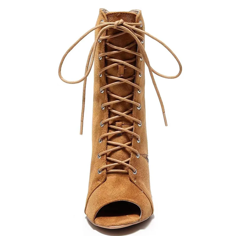 Woman Brown Flannel Latin Dance Boots Women High Heel Stiletto Bootie Ladies Lace Up Rhinestone Jazz Dance Shoes Slim Heel 8.5cm