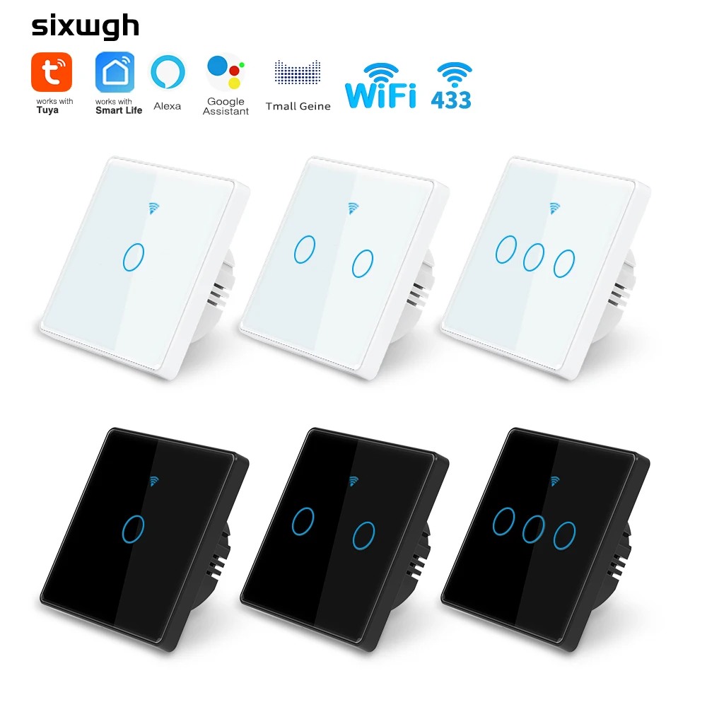 Фото Настенный сенсорный выключатель SIXWGH Tuya с Wi-Fi, панель из закаленного стекла европейского стандарта, с таймером Smart Life, двухсторонний, с поддержкой разрешения раньше №1