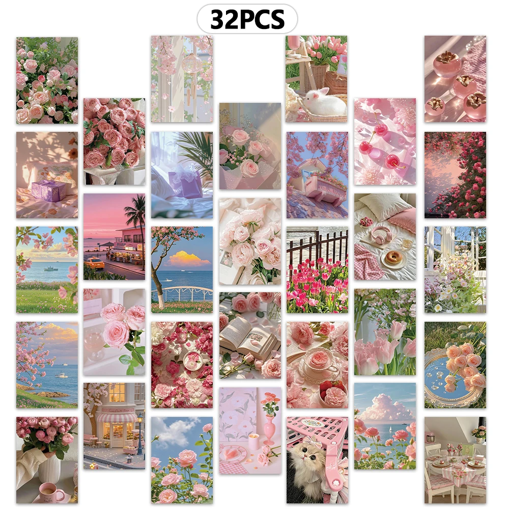 Pink Girl Series Postcard Collection: Room Decor, Souvenirs & Collectibles (32 Pieces)