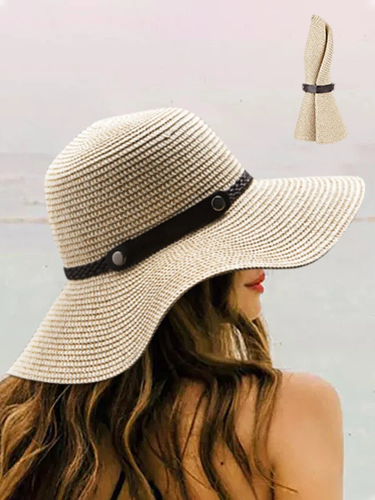 WomensStrawSunHatClassicFlatBeachHatSummerSunProtectionCowboyStyleHatRolled.jpg