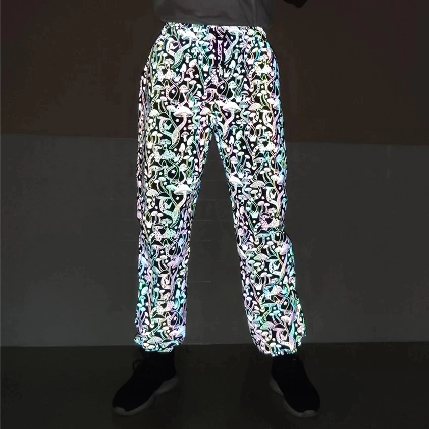 Holographic Unisex Women Men Reflective Geometric Mushroom Pattern  Colorful Hip Hop Pants Casual Jogging Sweatpants