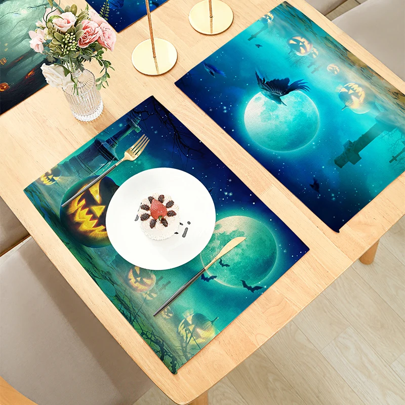 

Happy Halloween Spooky Woods Cemetery Bat Jack O'lantern Decorative Placemats for Dining Table Kitchen Linen 32x42cm