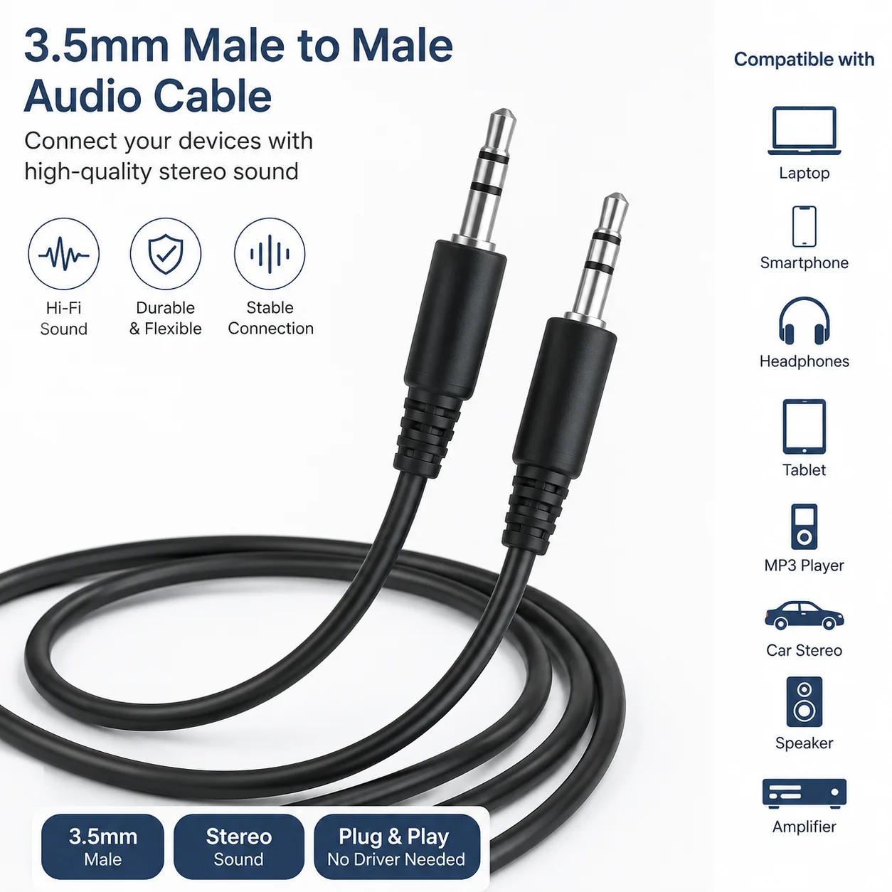 3.5mm AUX 오디오 케이블 남성-남성 스테레오 잭 코드(자동차 스피커, 노트북, PC, 스마트폰, MP3 헤드폰용)