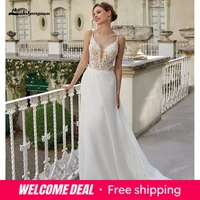 Elegant Chiffon V Neck Boho Wedding Dress 2026 A-Line Lace Applique Bridal Gown Spaghetti Strap Backless Wedding Gown Customized 1
