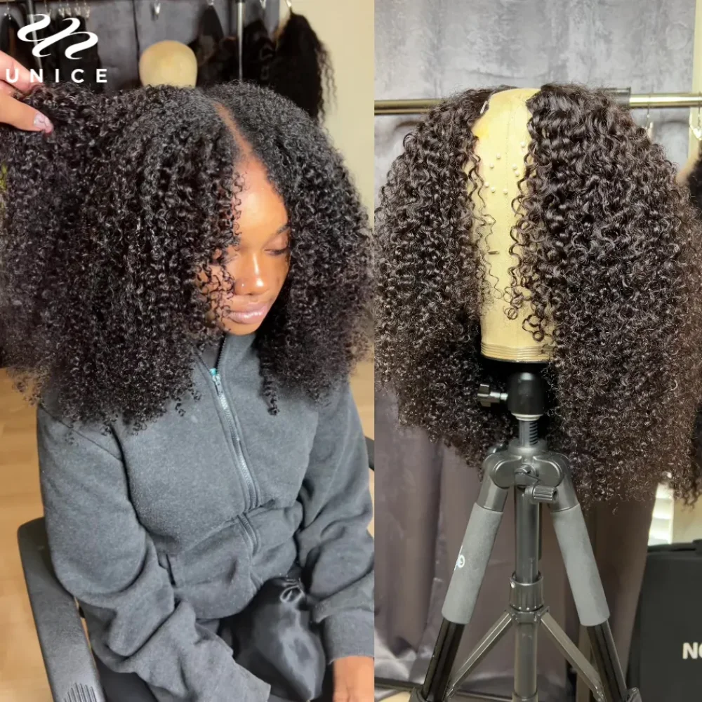 UNice Kinky Curly V Part Wig With Drawstring 100% Human Hair Wigs Beginner Friendly Fit For All Sizes