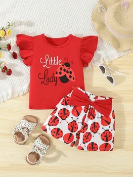 Estate adorabile coccinella vestito 2 pezzi set per neonate t-shirt senza maniche + pantaloncini causali neonato vestiti per neonata 1
