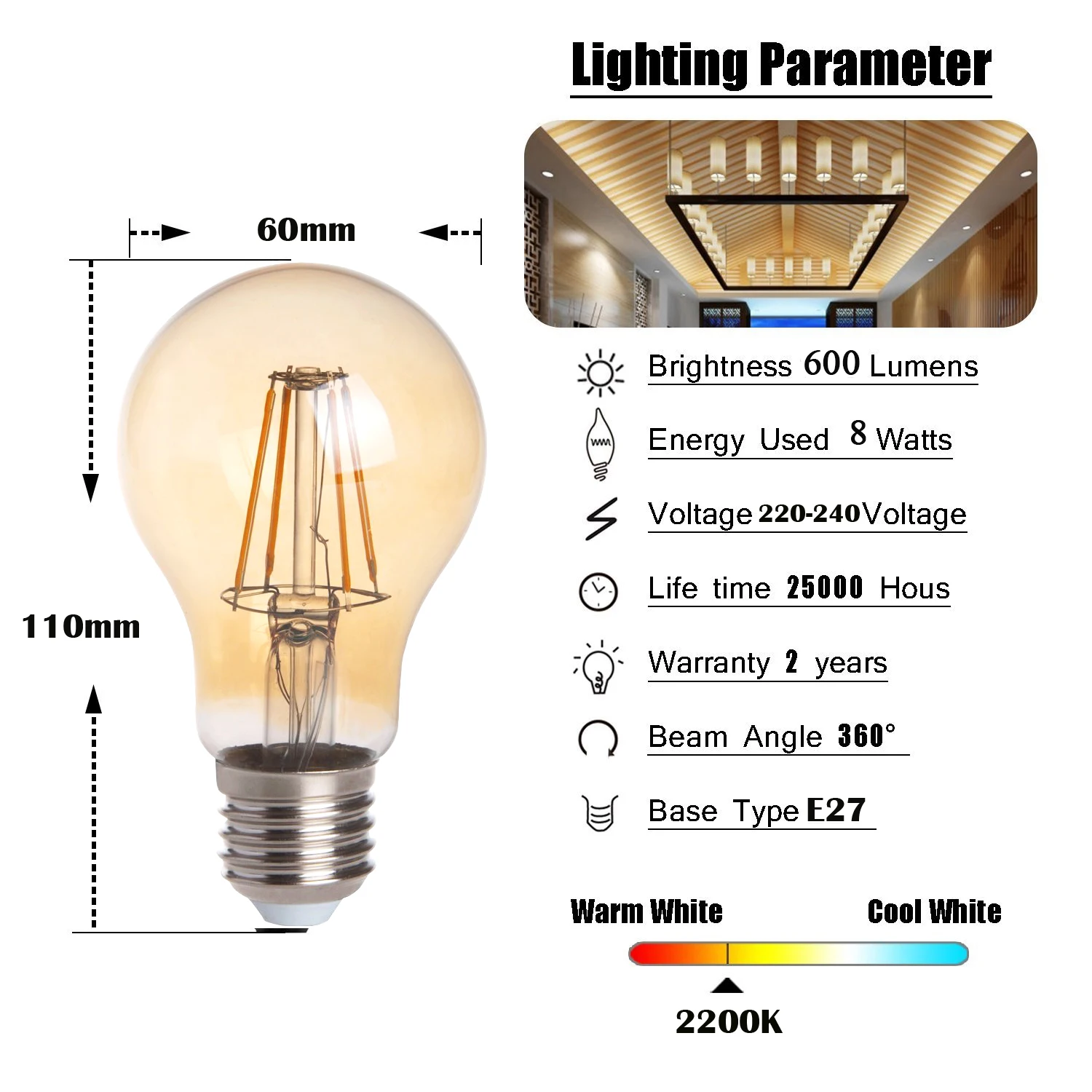 레트로 필라멘트 LED E27 전구 램프 A19 220V 8W 앰버 유리 70W 백열등 등가 LED 조명, 방 장, 10 개