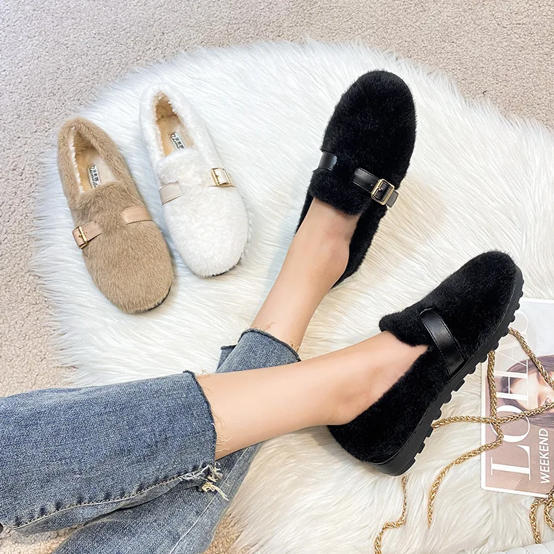 Winter Warm Women&rsquo;s Plush Flat Shoes belt buckle mary jane Ladies casual boat shoes Outdoor office wear