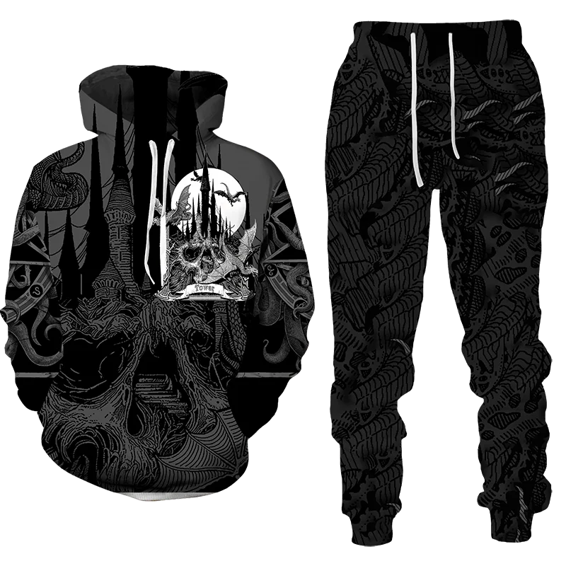 Cool Punk Gothic 3D Printed Hip Hop Rock Hoodie Pants Sets Men Streetwear Sweatshirt Pullover/Trousers/Hoody Fashion Tracksuit men s 3d printed oversize punk skull t shirt tracksuit shorts sets sportswear gothic graphic flag summer men s clothing suit