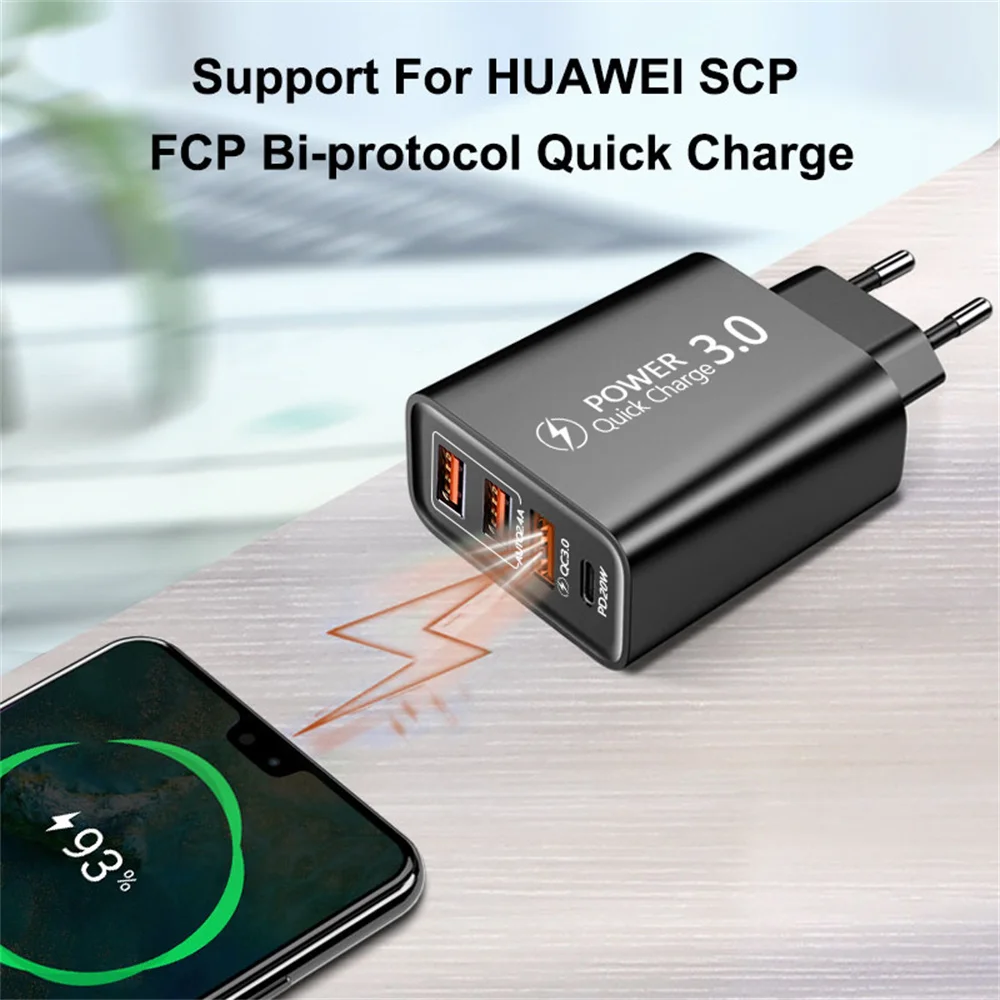 USB 30W 4 Ports PD Type C Fast Charging Phone Charger Wall Adapter For iPhone 15 14 Samsung Xiaomi Huawei