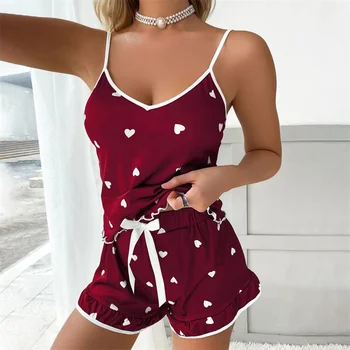 2024 Summer Pajama Set Large Size Vest Shorts Women's Suspenders Soft Casual Cute Printed Women pajamas set 1