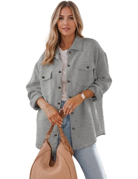 Women's Jacket with Pockets Casual Fall East Season Long Sleeve Flannel Shirt Button Collar Coat 5
