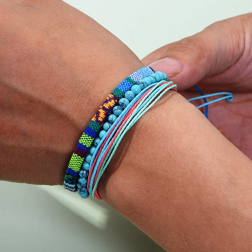 Men's braided bracelet set 3 pcs natural stone couple's bohemian ethnic cotton and linen hand-woven