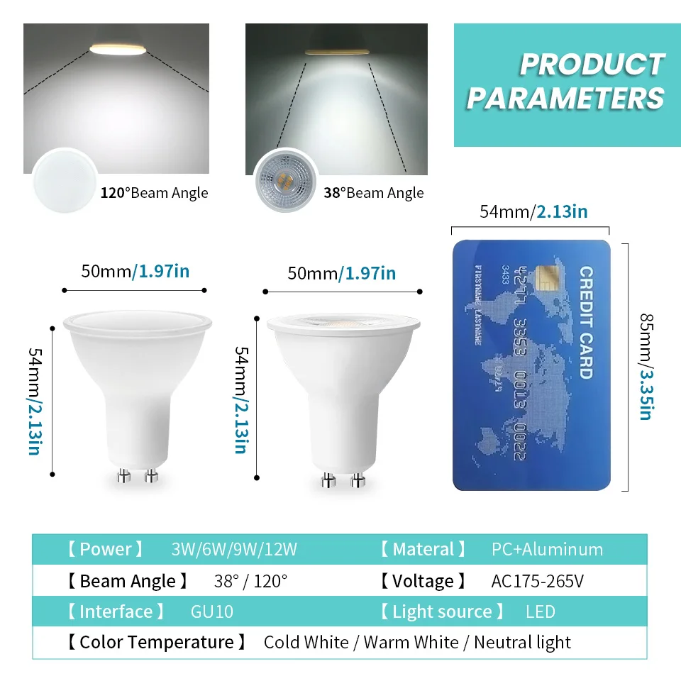 รูปสินค้า หลอดไฟ LED GU10 ปรับกำลังไฟได้ 3-50W แสงอุ่น