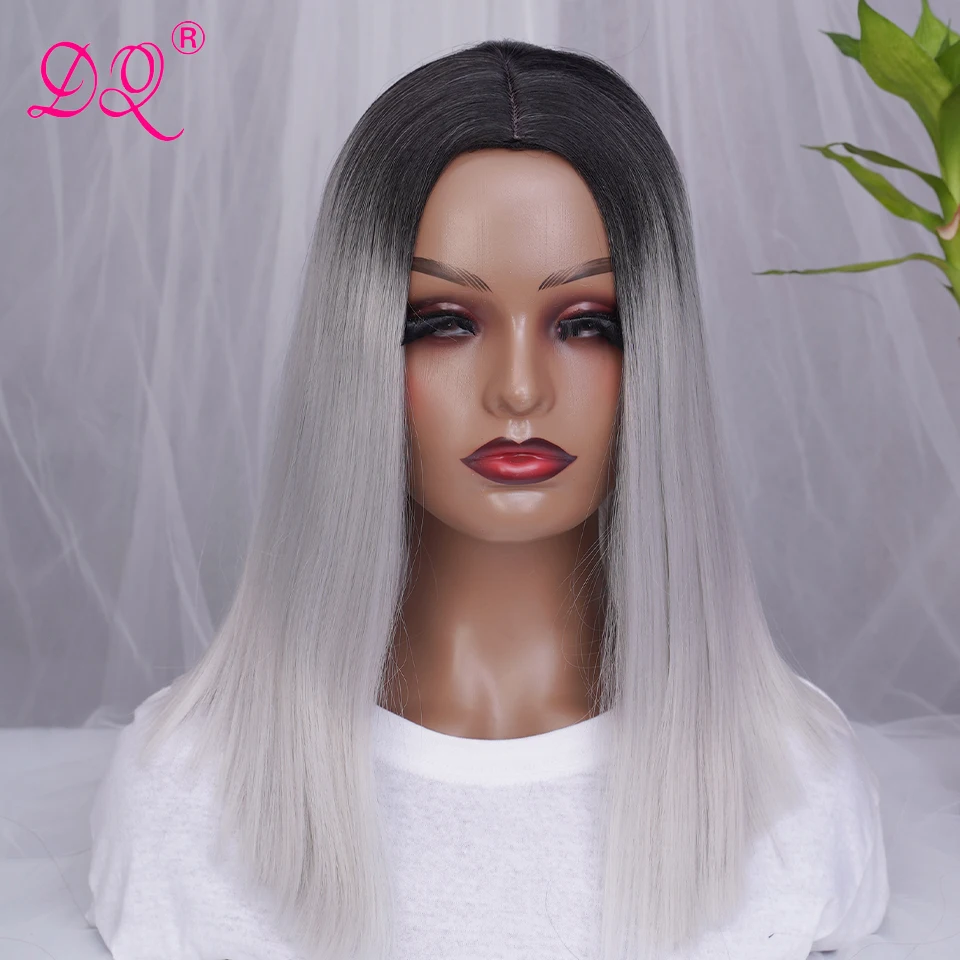 

DQ Hair Ombre Grey with Black Roots Wigs for Women Straight Short Cut Bob Wig Middle Part Glueless Halloween Cosplay Party Hair