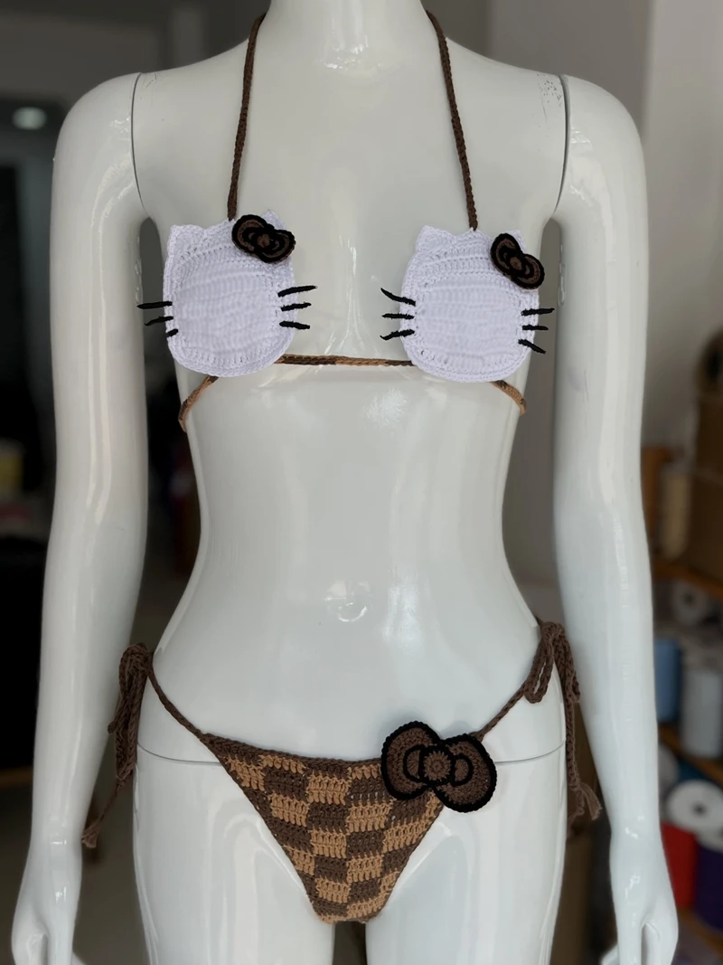 

Brown Handmade Crochet Bathing Suit Checker Bottom String Bikini Set With Bowknot Swimwear Beachwear Sexy Fashion Swimsuit