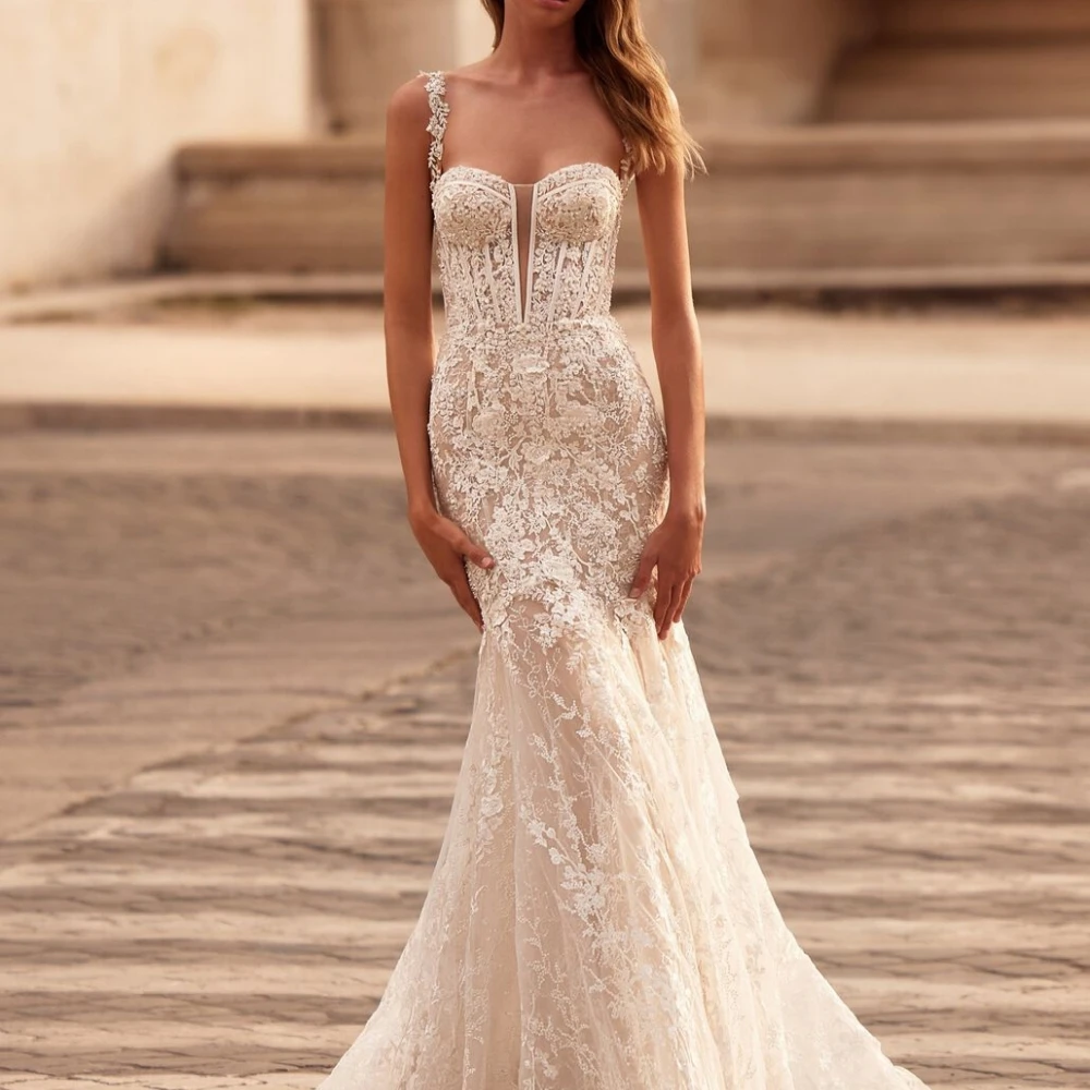 

Женское кружевное свадебное платье-русалка, Привлекательное платье невесты на тонких бретельках с аппликацией и вырезом сердечком, с иллюзией