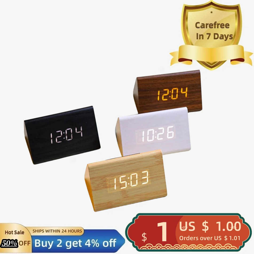 

Triangle Wooden Digital Alarm Clock with USB Charger 3-Level Adjustable Brightness Mini Electronic Bedside Table Clock Home Supp