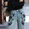New Slimming Girlfriend Ankle Denim Jeans Flora-Embroidered High Stretchy Ladies Pants Mid Rise Straight Leg Mom's Trousers T49