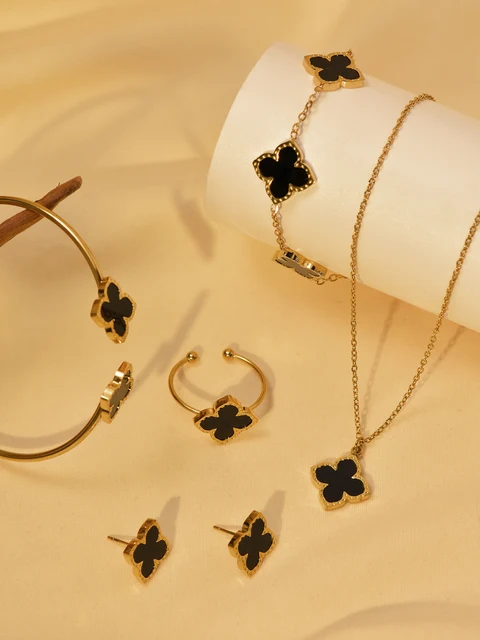 1 Set Stainless Steel Clover Jewellery Set Necklace Bracelet Ring Earrings Simple Fashion Matching Set 1