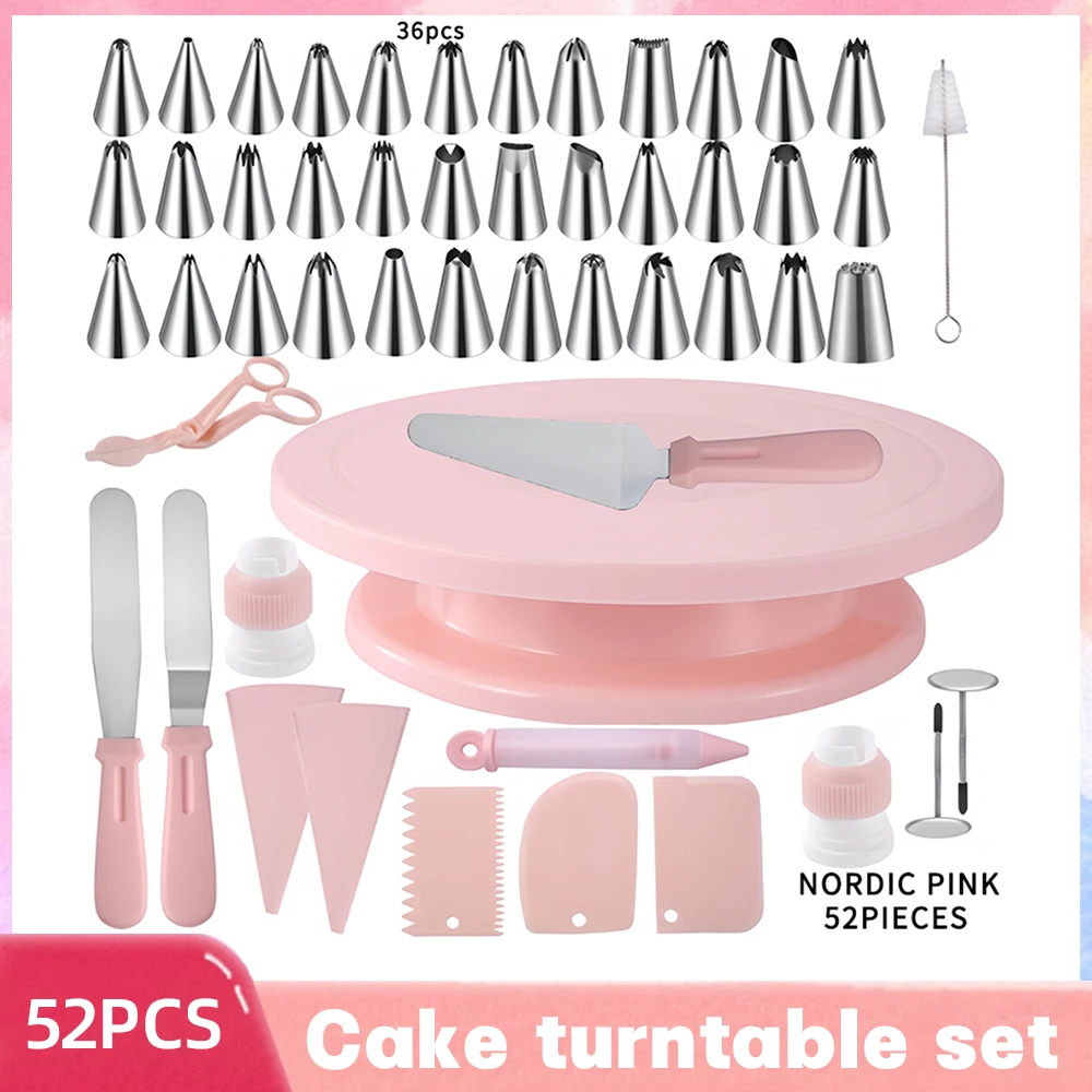 52Pcs Cake Decorating Tools Kit Pastry Turntable Kit Piping Nozzle Piping Bag Set Rotating Stand Baking Tools Accessories