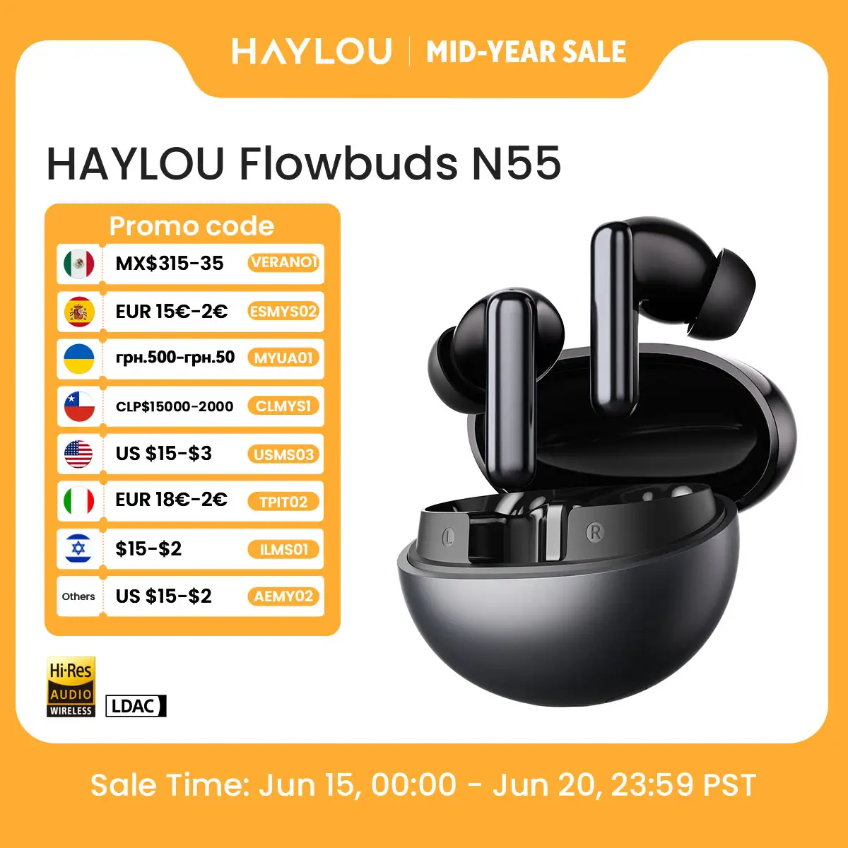 HAYLOU Flowbuds N55 Wireless Earbuds 54dB Adaptive ANC Bluetooth 6.0 LDAC Hi-Res Audio 6-Mic HD Call Earphones 40H Playback IPX5