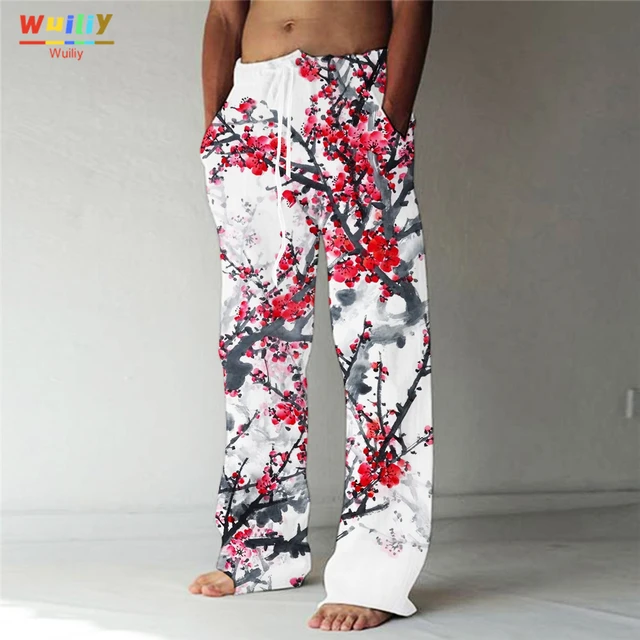 Men's Fashion Straight Trousers 3D Print Elastic Drawstring Design Front  Pocket Pants Flower Graphic Prints Floral Comfort Soft