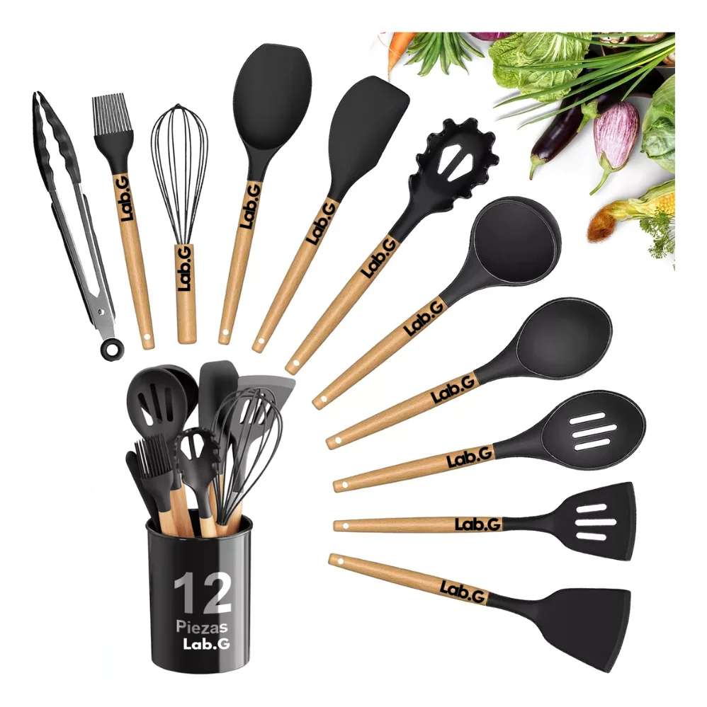 Silicona Utensilios De Cocina Espatulas Reposteria 12 Set Negro Lab.G