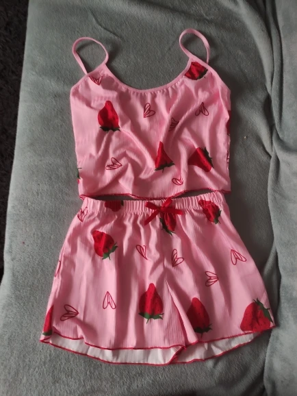 Summer Strawberry Print Ice Silk Camisole Pajama Set for Women photo review