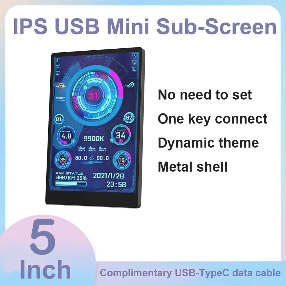 

5.0 Inch 800x480 IPS Full view USB Type-C Computer Secondary Screen 5" Mini PC Temp Monitor CPU RAM HDD Net Display free AIDA64
