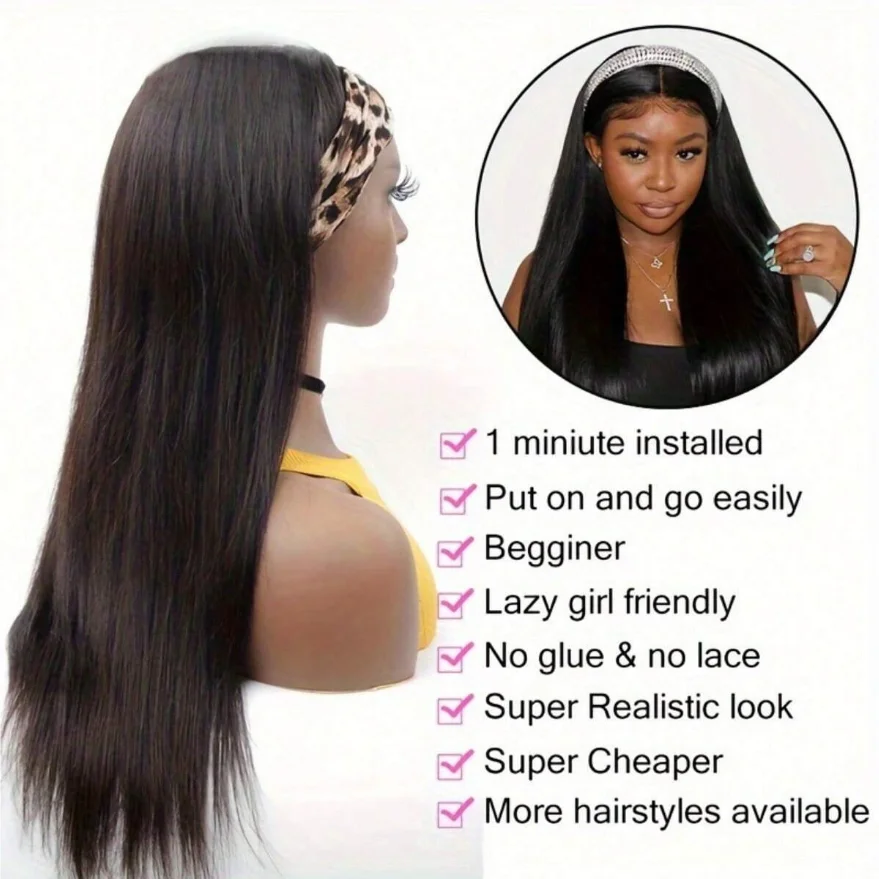 200 Density Straight Headband Wig Human Hair Wigs For Women Glueless None Lace Front Human Hair Natural Black 16-40inch 6