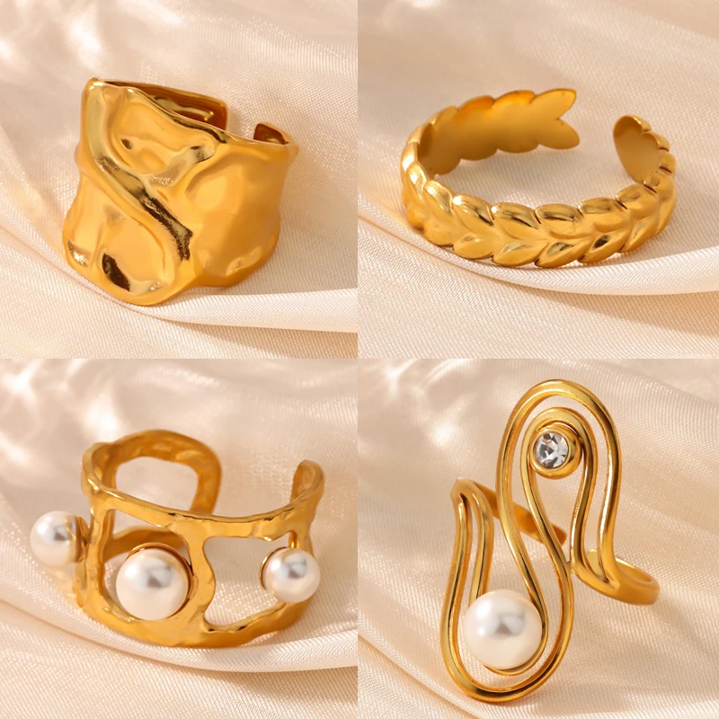 Imitation Pearl Geometric Irregular Rings for Women Stainless Steel Gold Color Open Ring Aesthetic Wedding Waterproof Jewelry