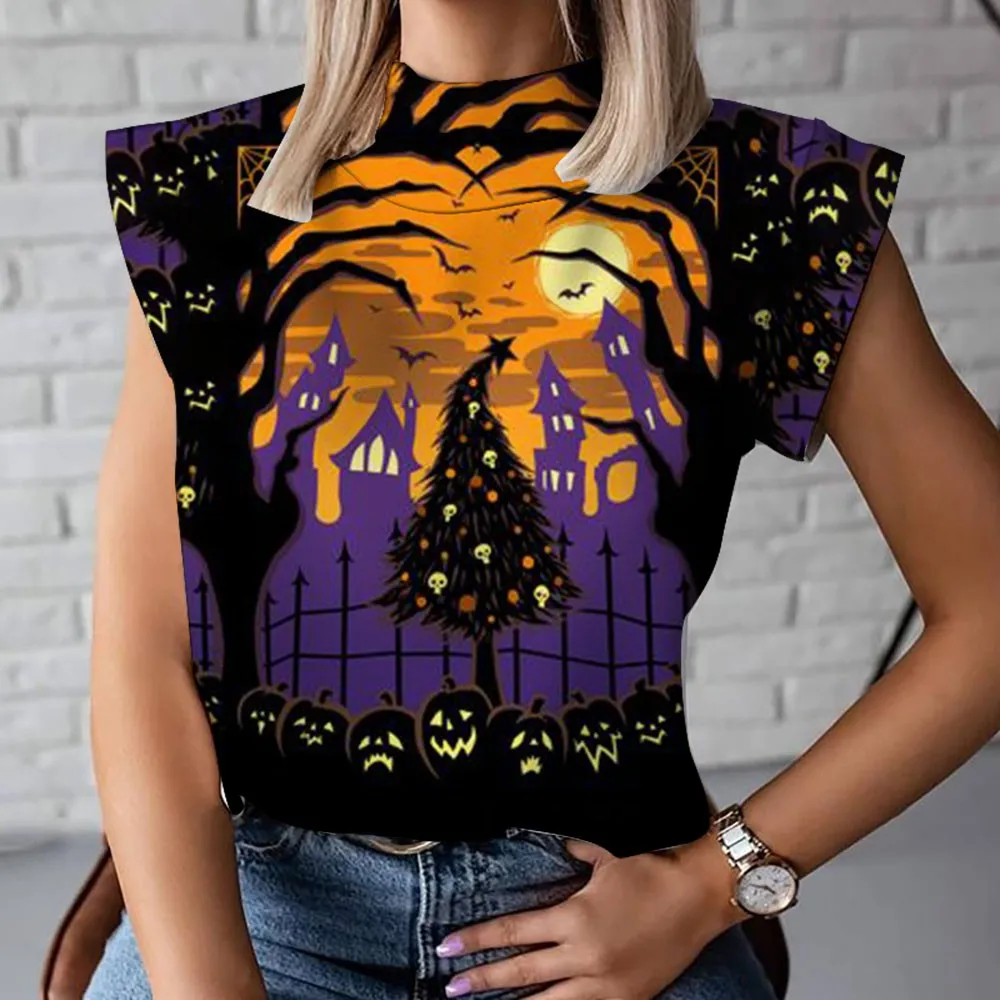 

Halloween Mickey Minnie Disney print high-necked curling short-sleeved shirt T-shirt European and American style street women