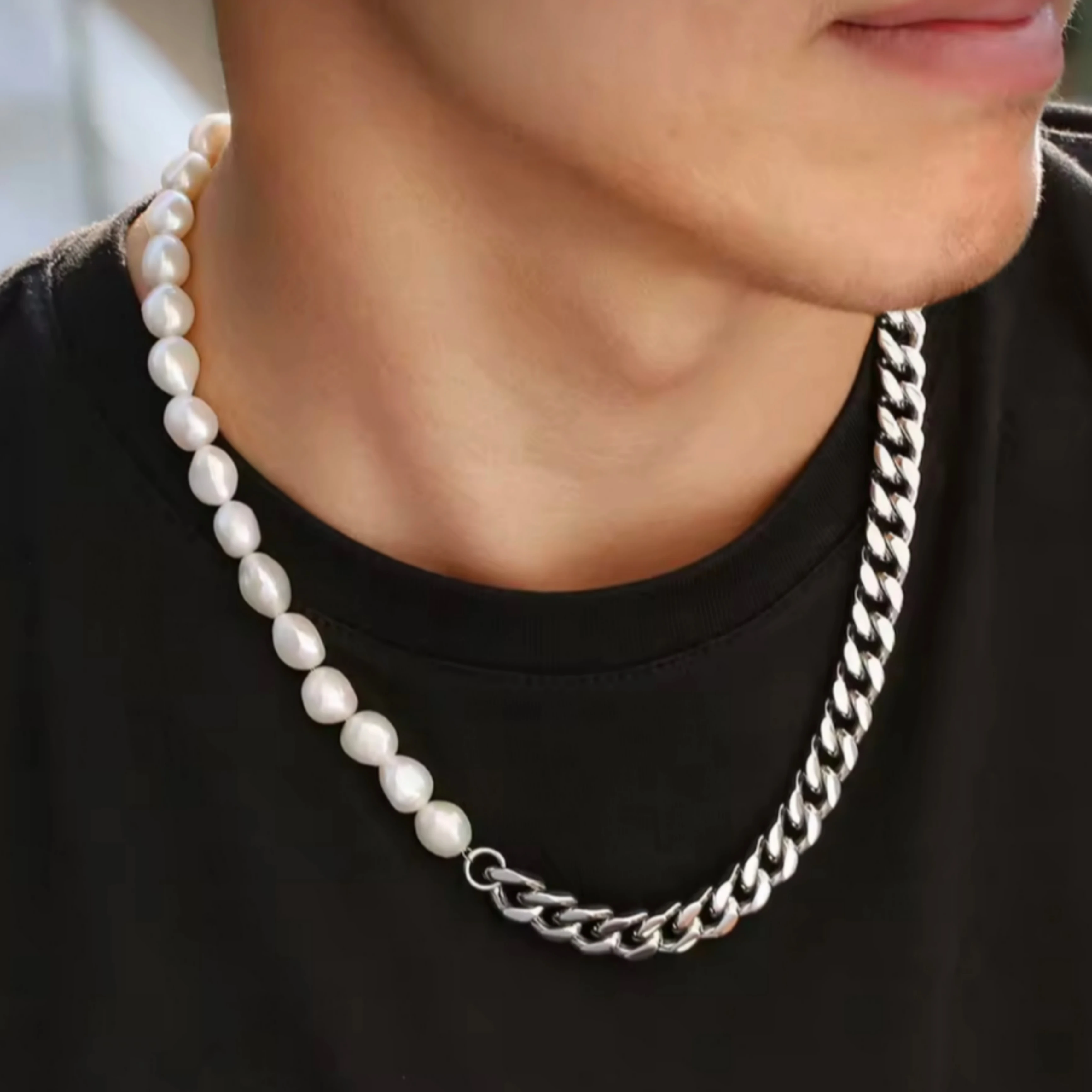 collar cadena acero inoxidable y perlas para hombre