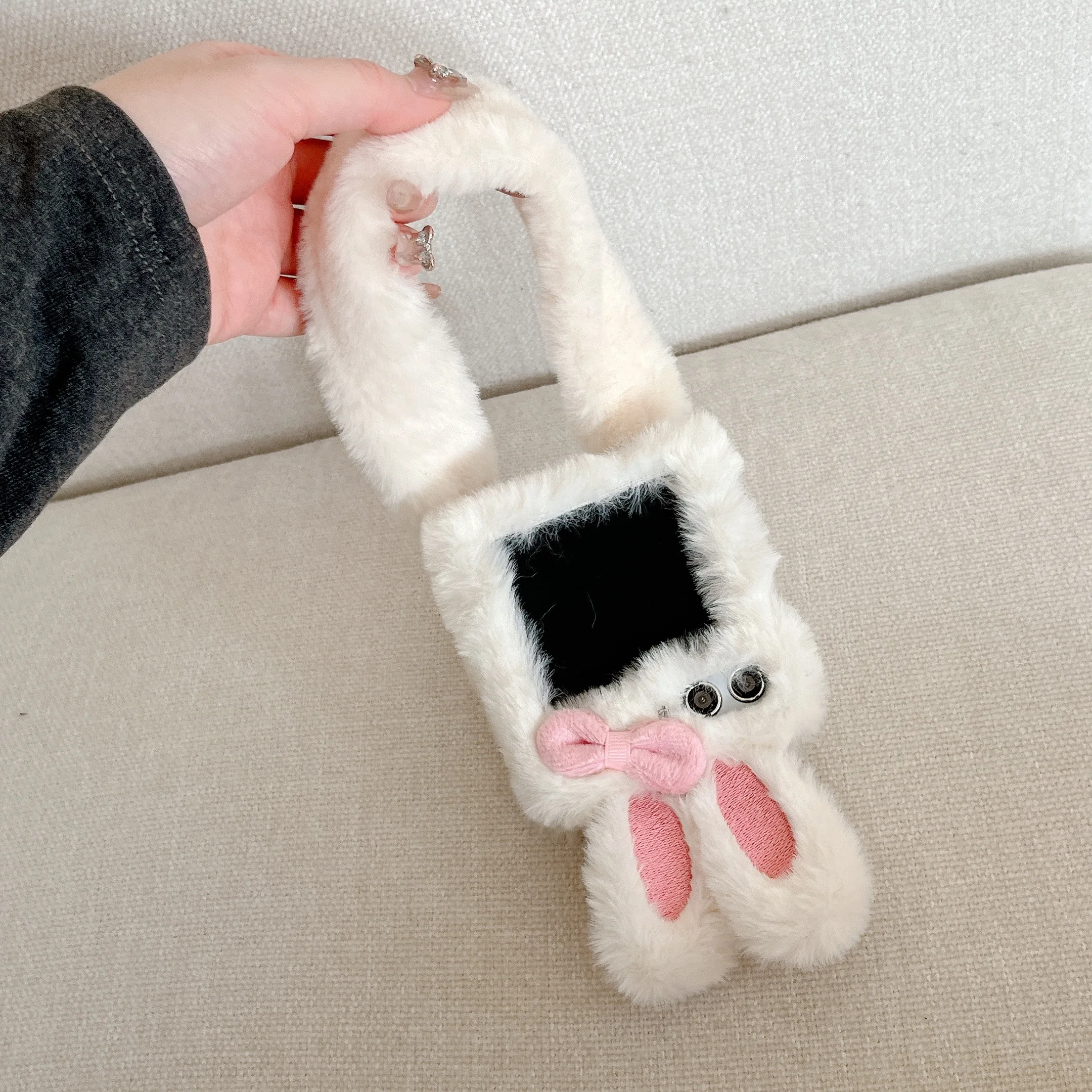 Charming White Rabbit Plush 3D Bow Phone Case with Wrist Strap and Anti-Drop Protection