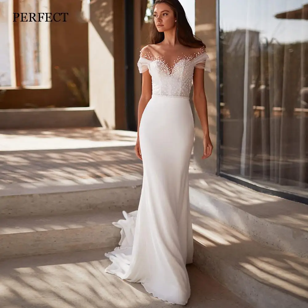 

Женское свадебное платье-Русалка It's yiiya, белое платье с круглым вырезом, открытыми плечами, жемчужинами и шлейфом на лето 2019