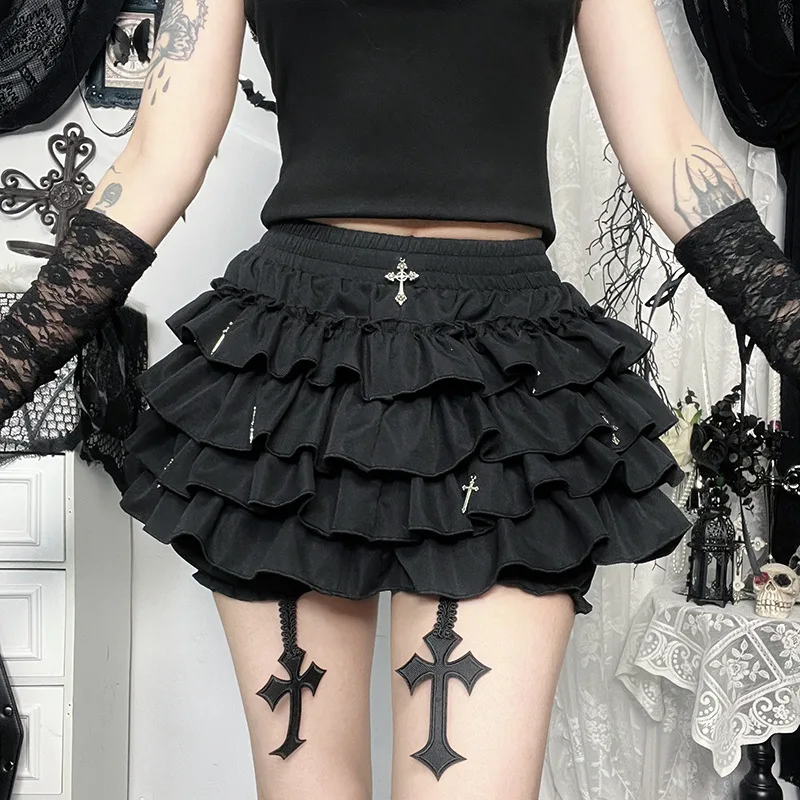 Women Harajuku Kawaii Y2K E-girl Skirts Cross Pendant Culottes Aesthetic Fairycore Short Dress Vintage Gothic Punk Cake Shorts 2
