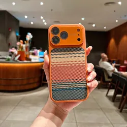 Luxury Carbon Fiber Pattern Phone Case with Lens Protection and Magnetic Wireless Charging Capability - iPhone 15 (Orange)