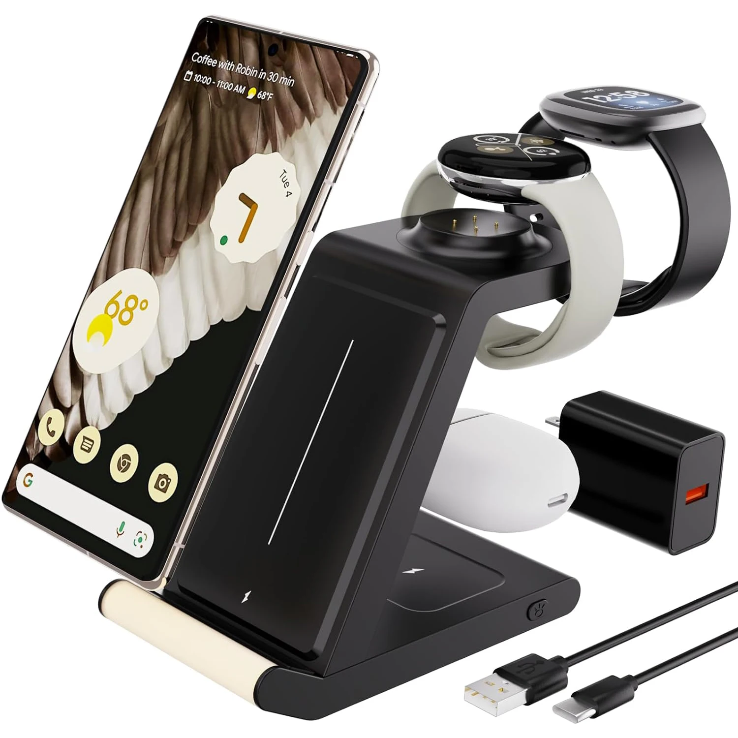 

Совместимость с Fitbit Versa 4/3,iPhone,SAMSUNG.Pixel Watch 2,3 в 1, беспроводная быстрая зарядная станция с регулируемым освещением