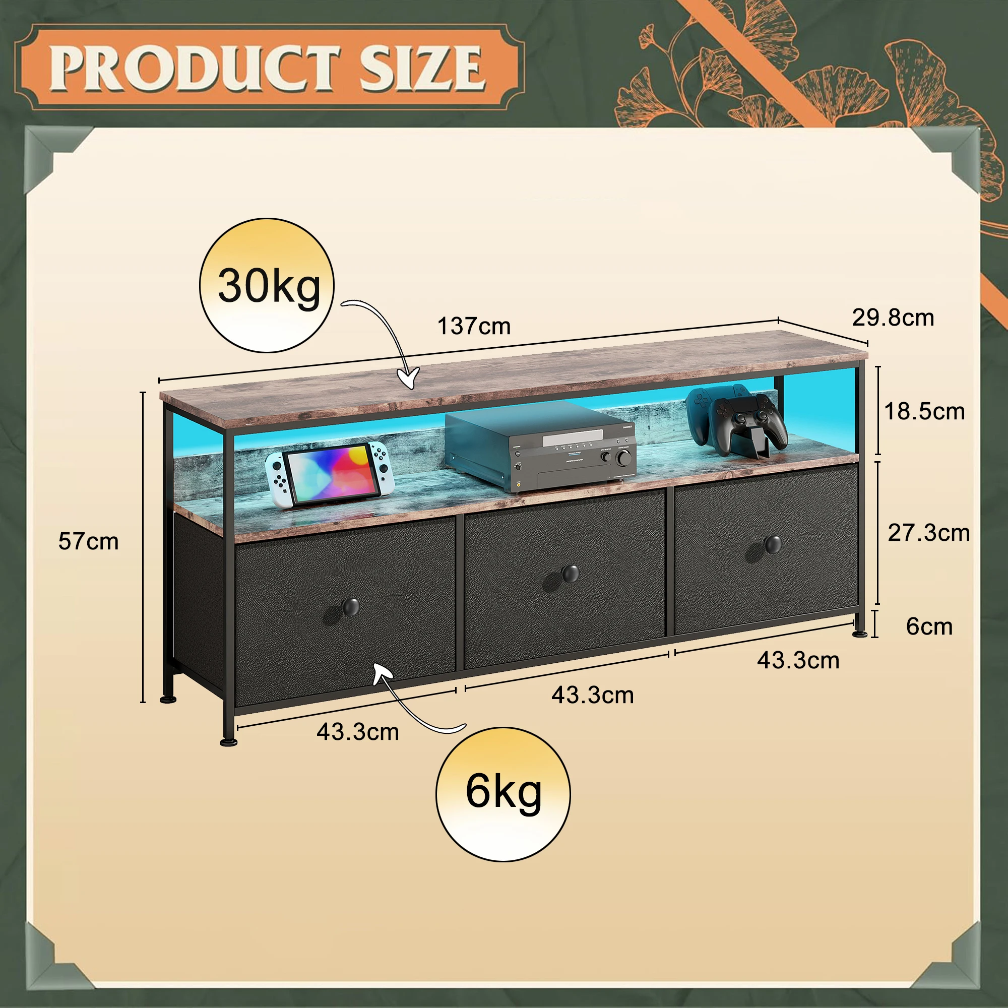 137 cm hoher TV-Ständer aus Holz mit 3 Stoffschubladen, offenem Fach, LED-Beleuchtung, Kommode, Medienkonsole für Wohnzimmer, Schlafzimmer – Detail 5