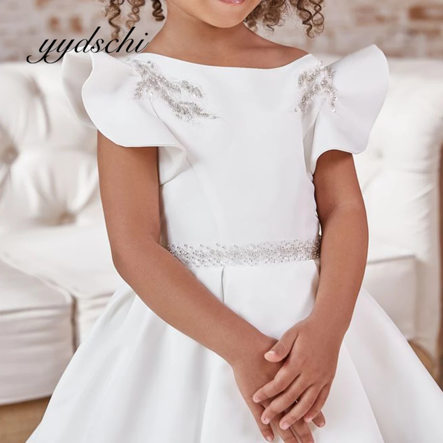 

White Flower Girl Dresses Wedding Appliques Beading Ball Gown First Communion Satin Tulle Court Train Dress for Kids Party 2023