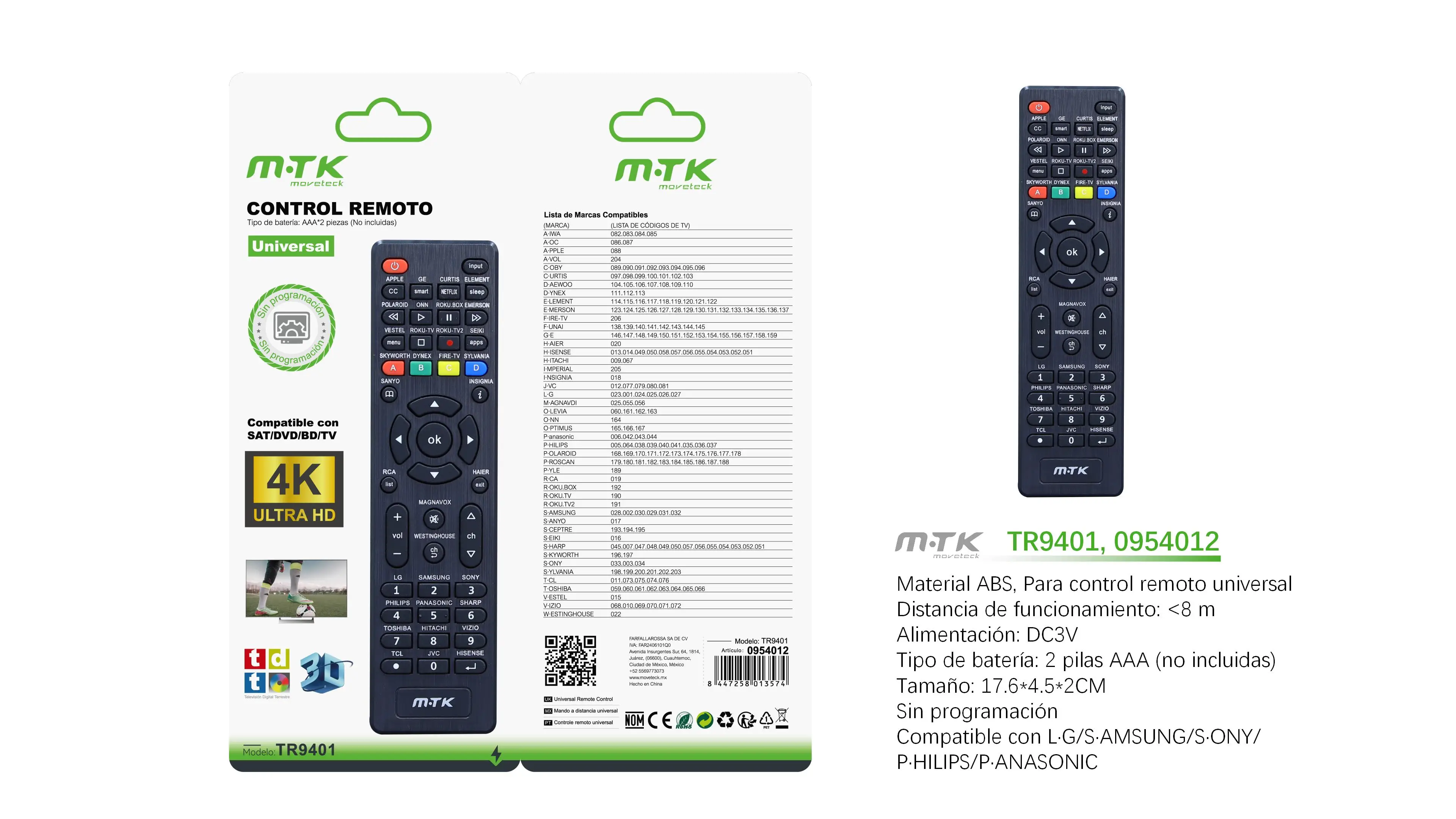 Mtk Smart Universal Remote Control with Ir Technology, Compatible with Samsung/Lg/Sony/Philips/Roku/Apple/Hisense/Tcl and More, Direct Access Keys (Netflix, Smart, Apps), 10m Range and 0.3S Response, Abs Material