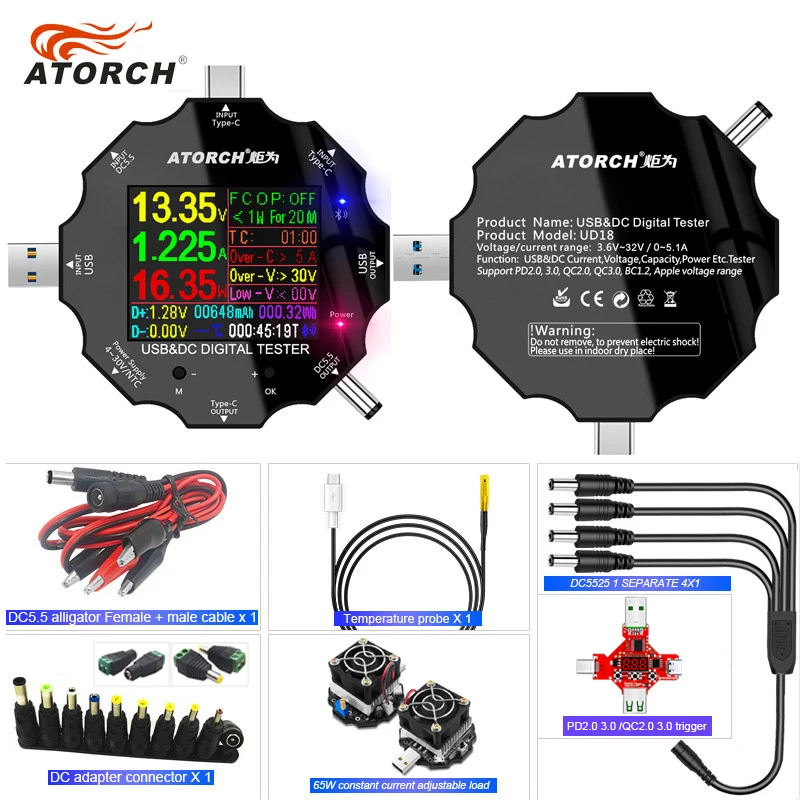 Фото Цифровой USB-тестер DC5.5 USB 3.0 Type-C 18 в 1 Цифровой вольтметр постоянного тока зарядное устройство Внешний аккумулятор Амперметр детектор QC/PD3.0 метр №1